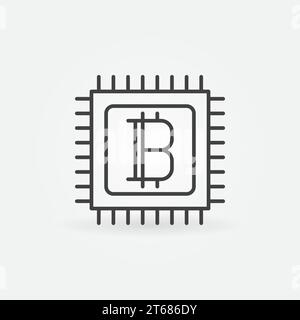 Bitcoin in processor line icon. Vector cryptocurrency round minimal outline symbol or design element Stock Vector
