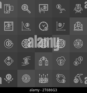 Cryptocurrency and mining concept icons. Vector cryptocurrencies modern outline signs or design elements on dark background Stock Vector