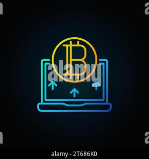 Golden bitcoin with blue laptop line icon - vector cryptocurrency linear sign or logo element dark background Stock Vector