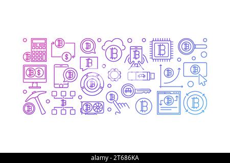 Crypto currency colorful banner - vector cryptocurrency technology concept linear illustration on white background Stock Vector