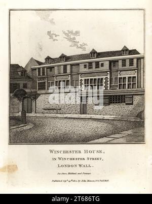 Winchester House in Winchester Street, London Wall. Copperplate engraving by John Thomas Smith after original drawings by members of the Society of Antiquaries from his J.T. Smiths Antiquities of London and its Environs, J. Sewell, R. Folder, J. Simco, London, 1800. Stock Photo