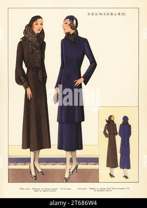 Woman in coat of chestnut wool with lambswool collar. Woman in suit of China blue and brown wool, with Astrakhan collar. Both in berets and Marcel wave bob hairstyles. Fashion designs by Bernard et Cie. Handcoloured pochoir lithograph from La Grande Couture, Creations pour la Femme Mondaine, Atelier Bachwitz, publisher of Chic Parisien, Vienna, September, 1931. Stock Photo