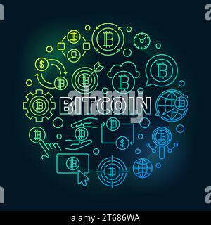 Bitcoin round colorful illustration. Vector round bitcoin currency concept line symbol on dark background Stock Vector