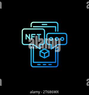 NFT on Smartphone Screen outline blue icon. Non-Fungible Token vector concept line symbol on dark background Stock Vector