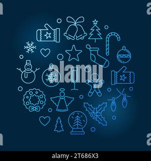 Happy New Year round vector blue illustration or greeting card in outline style Stock Vector