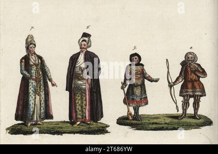 Costumes of European people, 18th century. Turkish man and woman in rich robes 6,7, and Samoyeds in reindeer skin parka and boots 8,9. Handcoloured copperplate engraving from Friedrich Johann Bertuch's Bilderbuch fur Kinder (Picture Book for Children), Weimar, 1792. Stock Photo