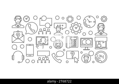 Call center and user support vector concept horizontal banner on white background Stock Vector