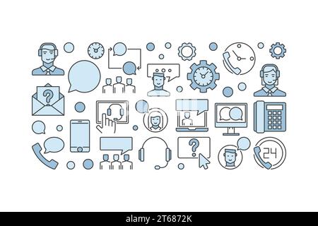 Call center blue vector concept horizontal banner on white background Stock Vector