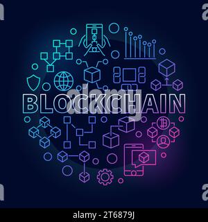 Blockchain technology colorful outline round vector illustration on dark background Stock Vector