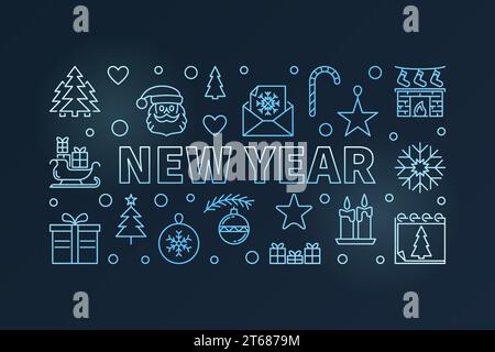 New Year blue horizontal concept vector illustration or banner in linear style on dark background Stock Vector