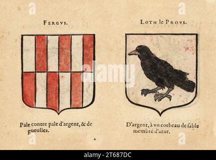 Imaginary coats of arms of the Fourth Chapter of King Arthurs Knights of the Round Table: Fergus, with silver and red pales, and Lot the Valiant, with black raven on silver field. Chevaliers de la table ronde: Fergus, Loth de Provs. Handcoloured woodblock engraving from Hierosme de Baras Le Blason des Armoiries, Chez Rolet Boutonne, Paris, 1628. Stock Photo