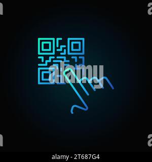 Hand pointing QR code vector blue concept icon or symbol in thin line style on dark background Stock Vector