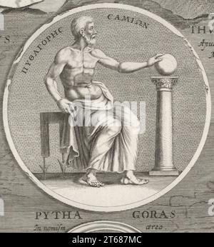 Pythagoras of Samos, ancient Ionian Greek philosopher and the eponymous founder of Pythagoreanism, c.570-495 BC. Seated with hand on a globe. From a coin. Pythagoras. Copperplate engraving after an illustration by Joachim von Sandrart from his LAcademia Todesca, della Architectura, Scultura & Pittura, oder Teutsche Academie, der Edlen Bau- Bild- und Mahlerey-Kunste, German Academy of Architecture, Sculpture and Painting, Jacob von Sandrart, Nuremberg, 1675. Stock Photo