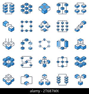 Blockchain blue icons set - vector Crypto Blocks connected with Links concept creative abstract signs. Block Chain Technology design elements Stock Vector