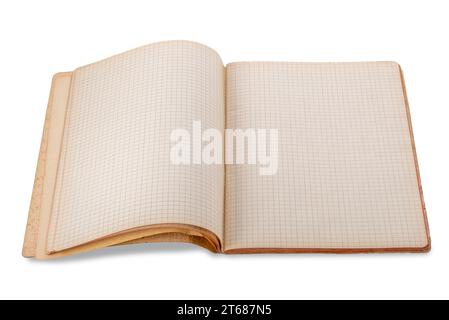 Antique open notebook with squares on old pages, isolated on white with clipping path included, top view Stock Photo