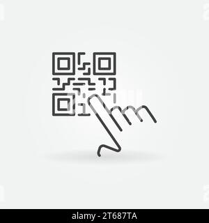 Hand pointing QR code vector concept icon or symbol in thin line style Stock Vector