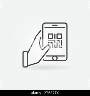 Hand holding smartphone with QR code vector icon in thin line style Stock Vector