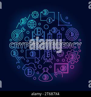 Cryptocurrency round colorful illustration. Vector digital money concept linear symbol on dark background Stock Vector