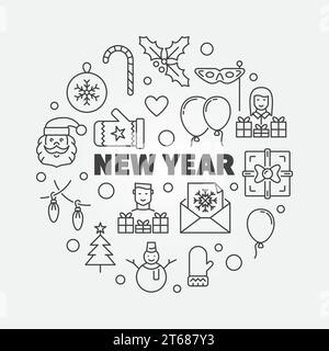 New Year line illustration. Vector greeting card with round modern outline design Stock Vector