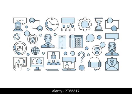 Customer support vector blue horizontal banner on white background Stock Vector
