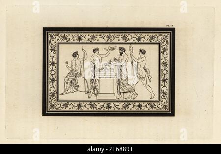 Ancient Roman sacrifice to Bacchus. A priest prepares a libation on the altar. Copperplate engraving by Thomas Kirk (1765-1797) from Sir William Hamiltons Outlines from the Figures and Compositions upon the Greek, Roman and Etruscan Vases of the Late Sir Hamilton, T. MLean, London, 1834. Stock Photo