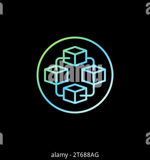 Block-Chain in circle vector concept outline colored icon. Blockchain Crypto line round symbol with four blocks on dark background Stock Vector