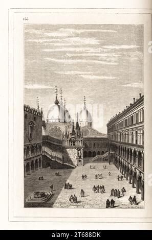 View of the interior courtyard of the Doges Palace, Venice, 16th century. The square is thronged in the afternoon with nobles conducting legal business. The palace has four marble staircases, porticos, apartments, servants quarters and prison cells. Within a decorative frame engraved by H. Catenacci and Fellmann. Woodblock engraving by A. Racinet after a woodcut by Christoph Krieger from Cesare Vecellios 16th century Costumes anciens et modernes, Habiti antichi et moderni di tutto il mondo, Firman Didot Ferris Fils, Paris, 1859-1860. Stock Photo