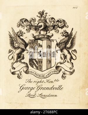 Coat of arms of the Right Honourable George Grandville, Lord Lansdown, 1st Baron Landsown, 1666-1735. Copperplate engraving by Andrew Johnston after C. Gardiner from Notitia Anglicana, Shewing the Achievements of all the English Nobility, Andrew Johnson, the Strand, London, 1724. Stock Photo