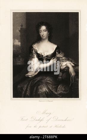 Portrait of Mary Cavendish, 1st Duchess of Devonshire, wife of William Cavendish, 4th Earl and 1st Duke of Devonshire, 1646-1710. Mary Butler was the second daughter of James Butler, Duke of Ormonde. Steel engraving by Charles Edward Wagstaff after an original portrait at Hardwick Hall, Derbyshire, from Mrs Anna Jamesons Memoirs of the Beauties of the Court of King Charles the Second, Henry Coburn, London, 1838. Stock Photo