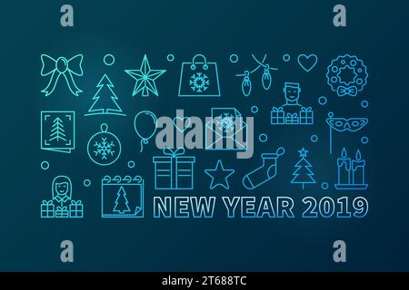 Happy New Year 2019 vector blue horizontal illustration or banner in thin line style Stock Vector