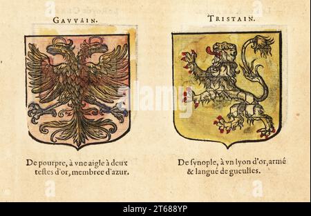 Imaginary coats of arms of King Arthurs Knights of the Round Table: Gawain with two-headed eagle, Tristan with golden lion. Chevaliers de la table ronde: GAVVAIN, TRISTAIN. Handcoloured woodblock engraving from Hierosme de Baras Le Blason des Armoiries, Chez Rolet Boutonne, Paris, 1628. Stock Photo