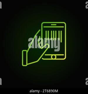 Hand holding smartphone with a barcode inside outline green icon or sign on dark background Stock Vector