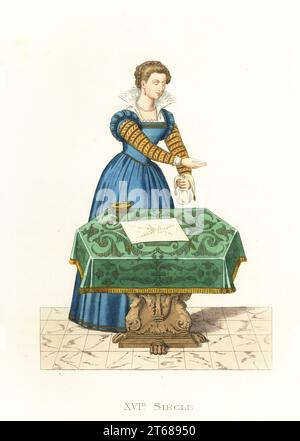 Young Venetian woman separating silk eggs. She wears a blue gown with gold sleeves, lace fan collar, blonde hair with pearl band. She stands before a table about to pour silk eggs into a glass of warmed Malvasia wine. Jeune Venetienne. After a handcoloured woodcut in Dialoghi di Magino Gabrielli Hebreo Venetiano, 1588, a book about extracting silk thread from the cocoon twice a year.. Handcolored lithograph after an illustration by Edmond Lechevallier-Chevignard from Georges Duplessis's Costumes historiques des XVIe, XVIIe et XVIIIe siecles (Historical costumes of the 16th, 17th and 18th centu Stock Photo