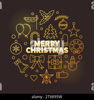 Merry Christmas round vector golden illustration. Creative xmas greeting card made with outline icons in circle shape on dark background Stock Vector