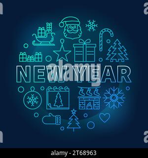 New Year round vector blue bright illustration or greeting card in thin line style Stock Vector