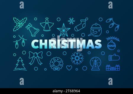Christmas vector blue horizontal illustration or banner made with xmas linear icons on dark blue background Stock Vector