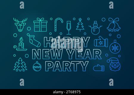 Happy New Year Party vector blue horizontal illustration or banner in line style Stock Vector
