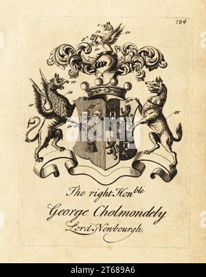 Coat of arms of the Right Honourable George Cholmondely, Lord Newbourgh, 2nd Earl of Cholmondeley, 1666-1733. Copperplate engraving by Andrew Johnston after C. Gardiner from Notitia Anglicana, Shewing the Achievements of all the English Nobility, Andrew Johnson, the Strand, London, 1724. Stock Photo