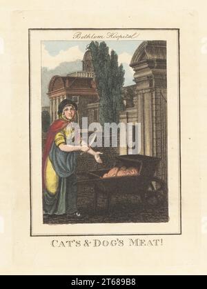 Woman selling pet food in front of Bethlem Hospital, London, 1805. In bonnet, cloak, dress and apron, holding a large knife with a wheelbarrow of horse meat and offal. The gate, east wing and garden wall of Bedlam Hospital, Moorfields. Cat's and Dog's Meat! Handcoloured copperplate engraving by Edward Edwards after an illustration by William Marshall Craig from Description of the Plates Representing the Itinerant Traders of London, Richard Phillips, No. 71 St Pauls Churchyard, London, 1805. Stock Photo