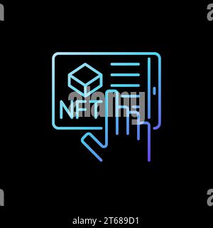 NFT and Tablet with Hand linear blue icon. Vector Non-Fungible Token Online Purchase concept line symbol on dark background Stock Vector