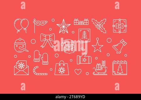 Merry Christmas horizontal vector illustration. Xmas banner with thin line white design on red background Stock Vector
