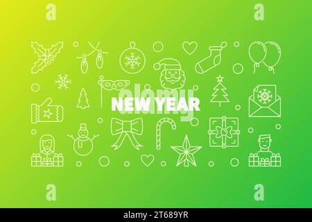 New Year horizontal illustration. Vector banner with white modern outline design on green background Stock Vector