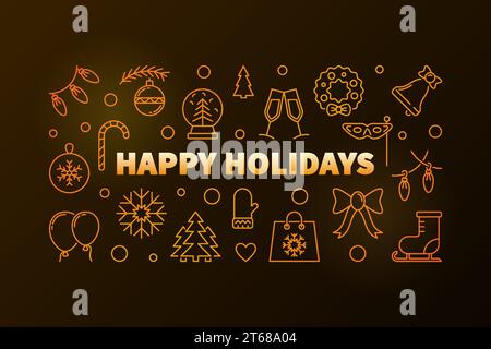 Happy Holidays horizontal vector golden banner or illustration made with christmas or xmas icons in line style Stock Vector