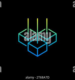 Block-Chain vector concept outline colored icon. Blockchain Crypto line symbol with three blocks on dark background Stock Vector
