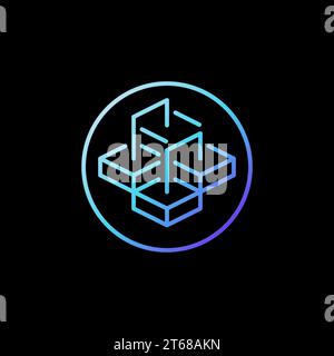 Block Chain vector concept line blue icon. Circle with Blockchain Blocks abstract colored outline round sign on dark background Stock Vector