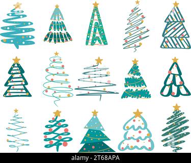 Christmas fir hand drawn set. Festive xmas and New Year spruce, fir, pine decorated with balls, garlands and lights collection. Symbol of winter holid Stock Vector