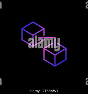 Blockchain Technology linear vector concept modern icon - Two Connected Blocks colored line symbol on dark background Stock Vector