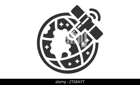 Artificial satelite in orbit around earth. Flat style. On white background. Thin line. Stock Vector