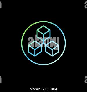 Three Connected Blocks - Cryptocurrency Blockchain Technology in circle linear vector concept colored icon on dark background Stock Vector