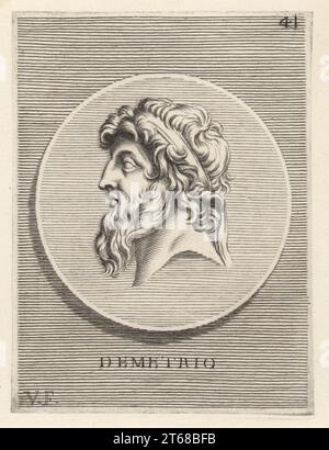 Demetrius II, called Nicator, son of Demetrius I Soter, died 125 BC. Ruled the Seleucid Empire for two periods: 145 to 138 BC, and again from 129 BC until his death. Head of a man with long beard wearing a royal diadem from a bronze medal. Demetrio. Copperplate engraving by Guillaume Vallet after Giovanni Angelo Canini from Iconografia, cioe disegni d'imagini de famosissimi monarchi, regi, filososi, poeti ed oratori dell' Antichita, Drawings of images of famous monarchs, kings, philosophers, poets and orators of Antiquity, Ignatio deLazari, Rome, 1699. Stock Photo